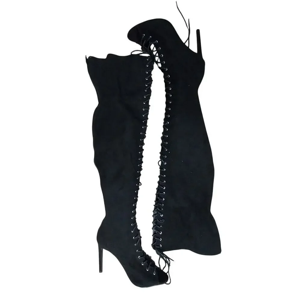 LUXE BLACK VEGAN SUEDE LEATHER/MICROFIBER OVER THE KNEE SEXY BOOTS! SZ 10M
